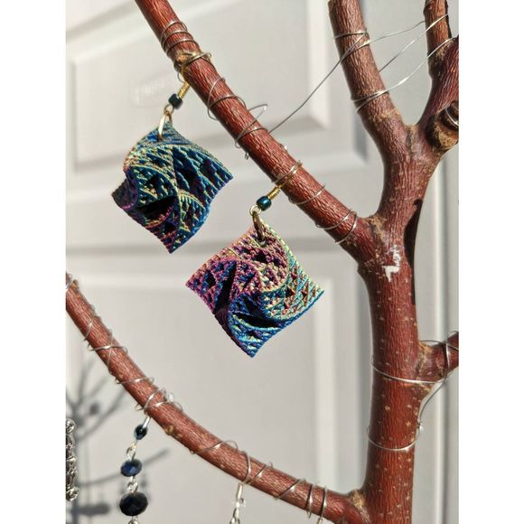 Color Changing Rainbow 3D Printed Warped Sierpinski Octahedron Earrings; fractal - Picture 2 of 8